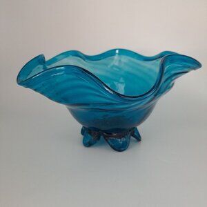 Vintage Blue Handblown Glass Bowl With Wave Edge & Pedestal Base